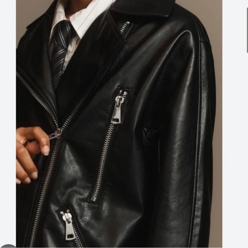 ANTHROPOLOGIE MAEVE Faux Leather Long Jacket‎ in Black Oversized XXS